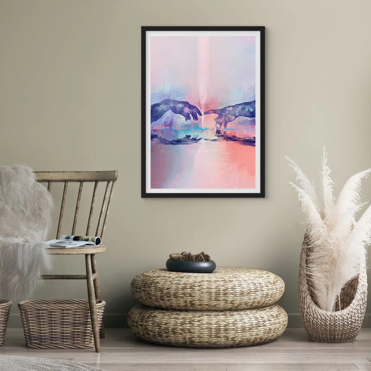 Poster în ramă neagră - Mâini abstracte în culori pastelate - 50x70cm - Scânteia divină a vieții - Decorațiune modernă pentru perete pentru living și dormitor ARTTOR