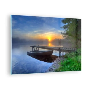 Tablou pe sticlă - barcă la dig la răsăritul soarelui pe lac - 70x50cm - Cum se transformă obișnuitul în magic - Decorațiune modernă pentru perete pentru living și dormitor ARTTOR