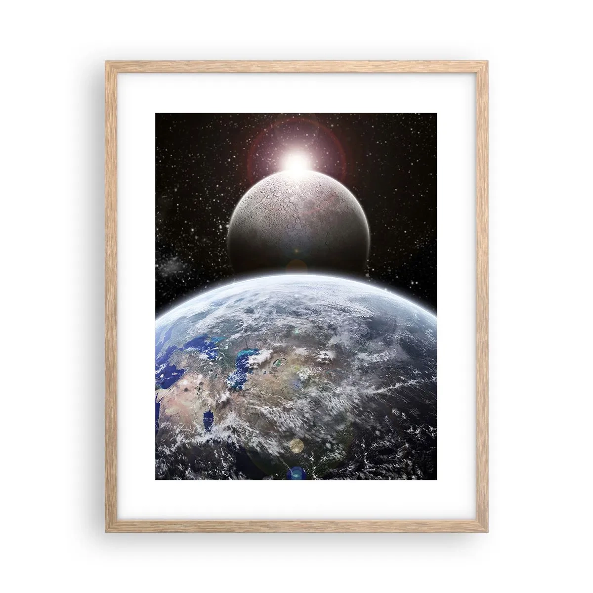 Poster în ramă de stejar deschis - Peisaj cosmic - răsărit de soare - 40x50 cm