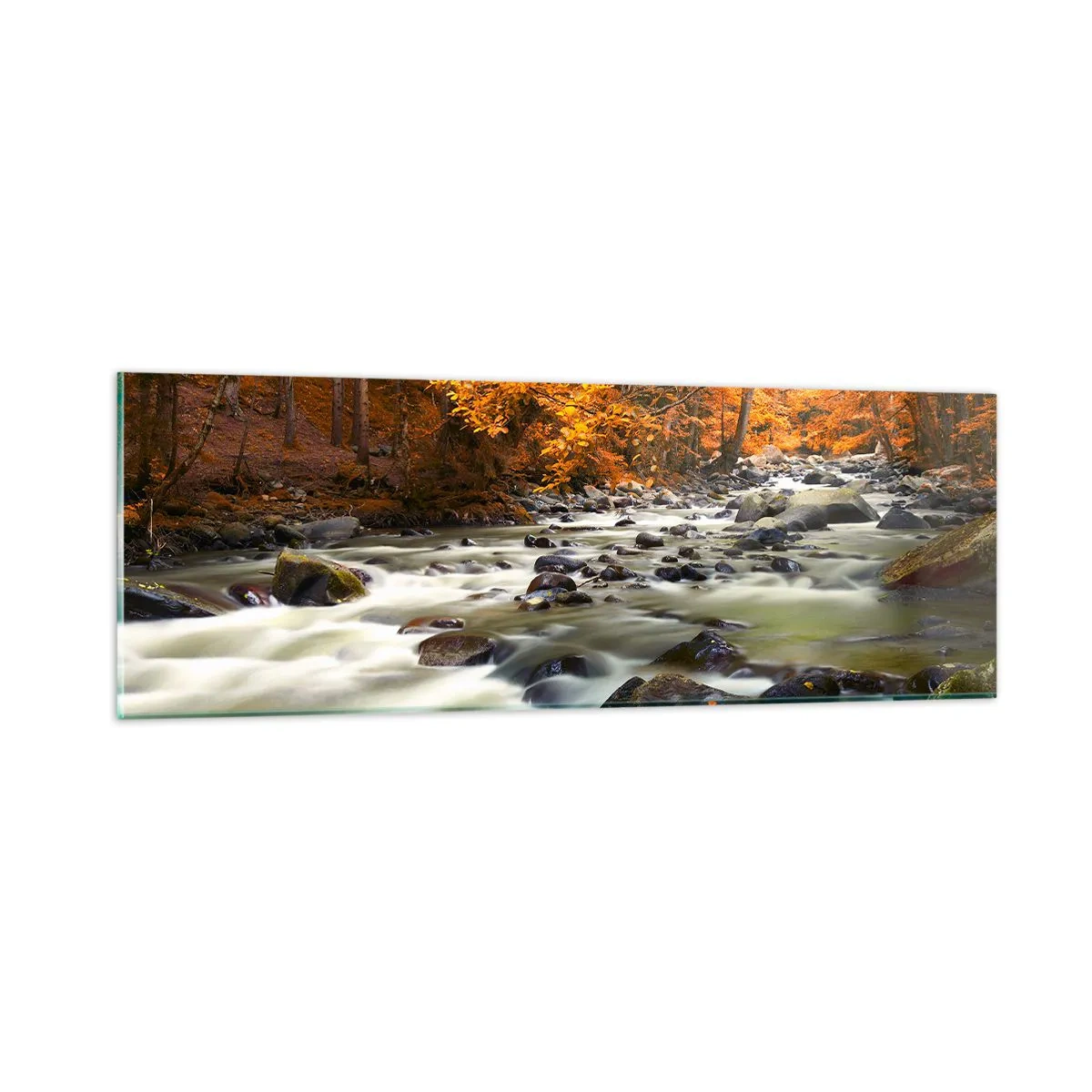 Tablou pe sticlă - Un pârâu într-o pădure de aur - 90x30 cm