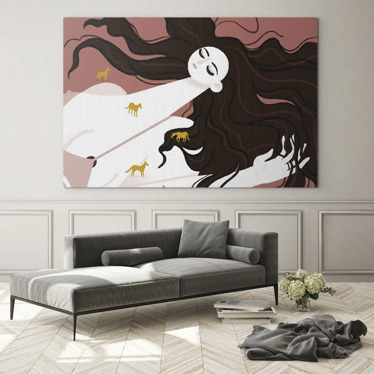 Tablou pe sticlă - O femeie cu părul lung și cai aurii pe un fundal roz. - 70x50cm - Visul despre calul de aur - Decorațiune modernă pentru perete pentru living și dormitor ARTTOR