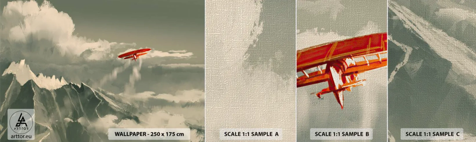 Mostră tapet Premium Canvas - Un pionier neînfricat - Abstracția, Avion, Peisaj montan - 100x30 cm