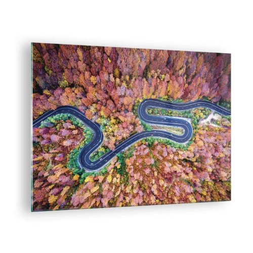 Tablou pe sticlă - O vedere de sus a unui drum șerpuitor printre copaci colorați de toamnă - 70x50cm - Un drum șerpuit prin pădure - Decorațiune modernă pentru perete pentru living și dormitor ARTTOR