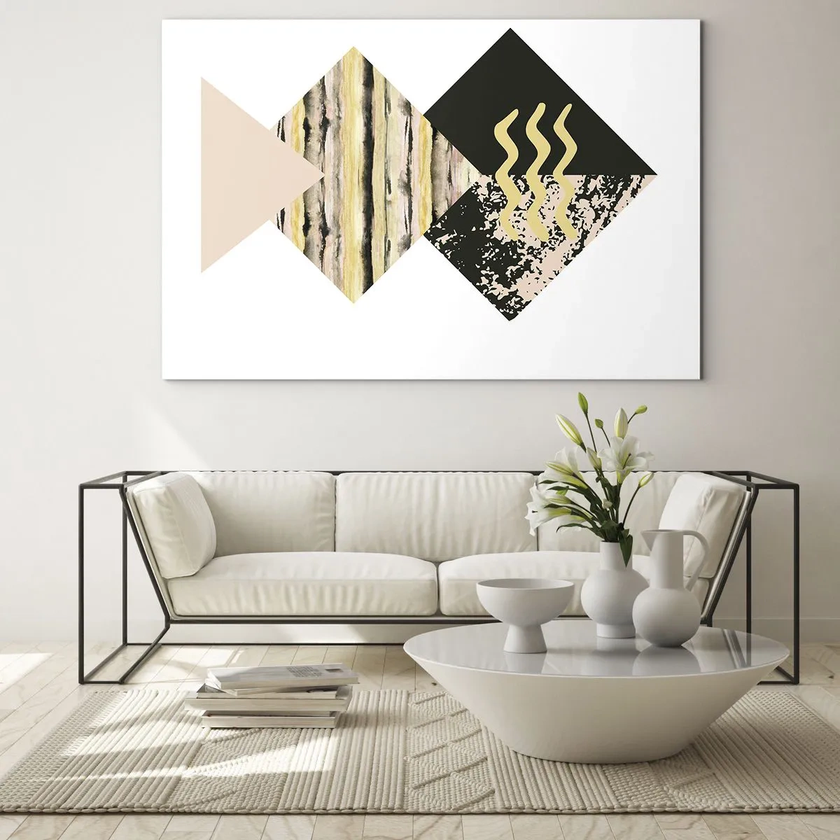 Tablou pe sticlă - Compoziție geometrică abstractă cu triunghiuri și texturi - 70x50cm - Aparent simplu - Decorațiune modernă pentru perete pentru living și dormitor ARTTOR