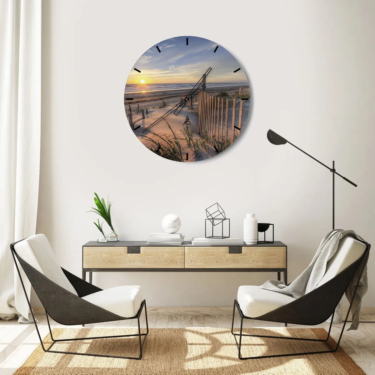 Ceas de perete - Ceas pe sticlă - Plajă cu dune la apus - 30x30cm - Strălucirea și umbra vântului - Decorațiune modernă pentru perete pentru living, bucătărie și dormitor ARTTOR