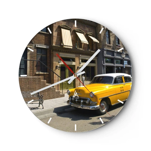 Ceas de perete - Ceas pe sticlă - Un taxi galben în fața unei clădiri elegante - 30x30cm - A fost odată ca niciodată în America - Decorațiune modernă pentru perete pentru living, bucătărie și dormitor ARTTOR