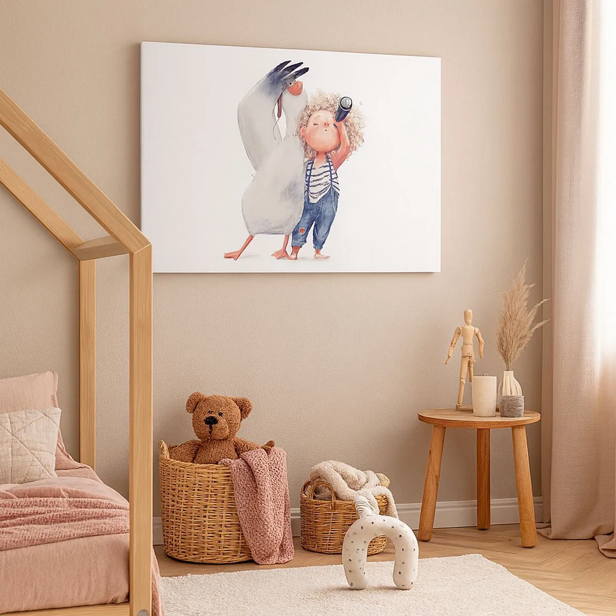 Tablou pe pânză Canvas - Ilustrație a unui copil cu un pelican și un telescop în mână - 70x50cm - Un plan pentru o călătorie minunată - Decorațiune modernă pentru perete pentru living și dormitor ARTTOR