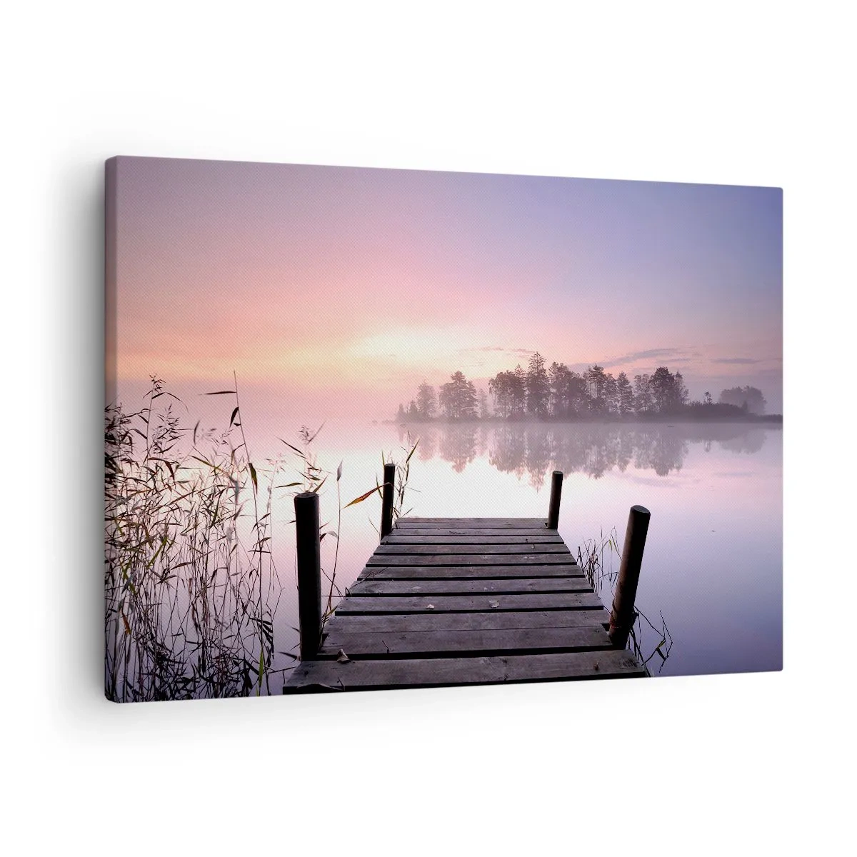 Tablou pe pânză Canvas - Un dig pe malul lacului în zori, cu ceață și un cer pastelat - 70x50cm - Din ceața de liliac... - Decorațiune modernă pentru perete pentru living și dormitor ARTTOR
