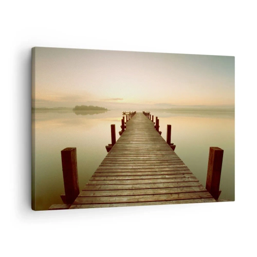 Tablou pe pânză Canvas - Un debarcader de lemn pe un lac liniștit dimineața - 70x50cm - Înainte de răsărit, zori, lumină - Decorațiune modernă pentru perete pentru living și dormitor ARTTOR