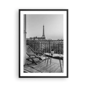 Poster în ramă neagră - Vedere a Turnului Eiffel de pe un elegant balcon parizian - 50x70cm - După-amiază pariziană - Decorațiune modernă pentru perete pentru living și dormitor ARTTOR