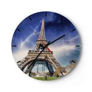 Ceas de perete - Ceas pe sticlă - Turnul Eiffel în timpul unei furtuni cu fulgere pe un cer întunecat - 30x30cm - Stăpânul furtunilor - Decorațiune modernă pentru perete pentru living, bucătărie și dormitor ARTTOR