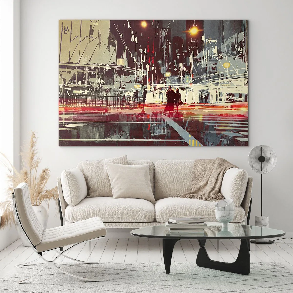 Tablou pe sticlă - Peisaj urban nocturn cu lumini neon și siluete de trecători - 70x50cm - O trecere metropolitană - Decorațiune modernă pentru perete pentru living și dormitor ARTTOR