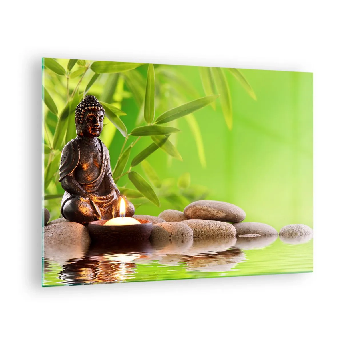 Tablou pe sticlă - O figură a lui Buddha cu o lumânare aprinsă într-un cadru verde - 70x50cm - Viața este frumoasă - Decorațiune modernă pentru perete pentru living și dormitor ARTTOR