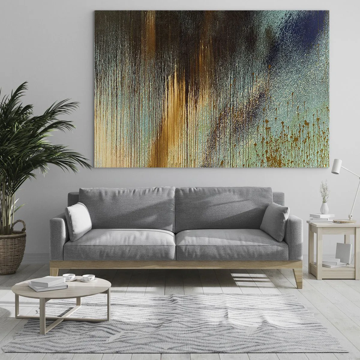 Tablou pe sticlă - Linii și pete abstracte în auriu, albastru și negru - 70x50cm - O compoziție cromatică neaccidentală - Decorațiune modernă pentru perete pentru living și dormitor ARTTOR