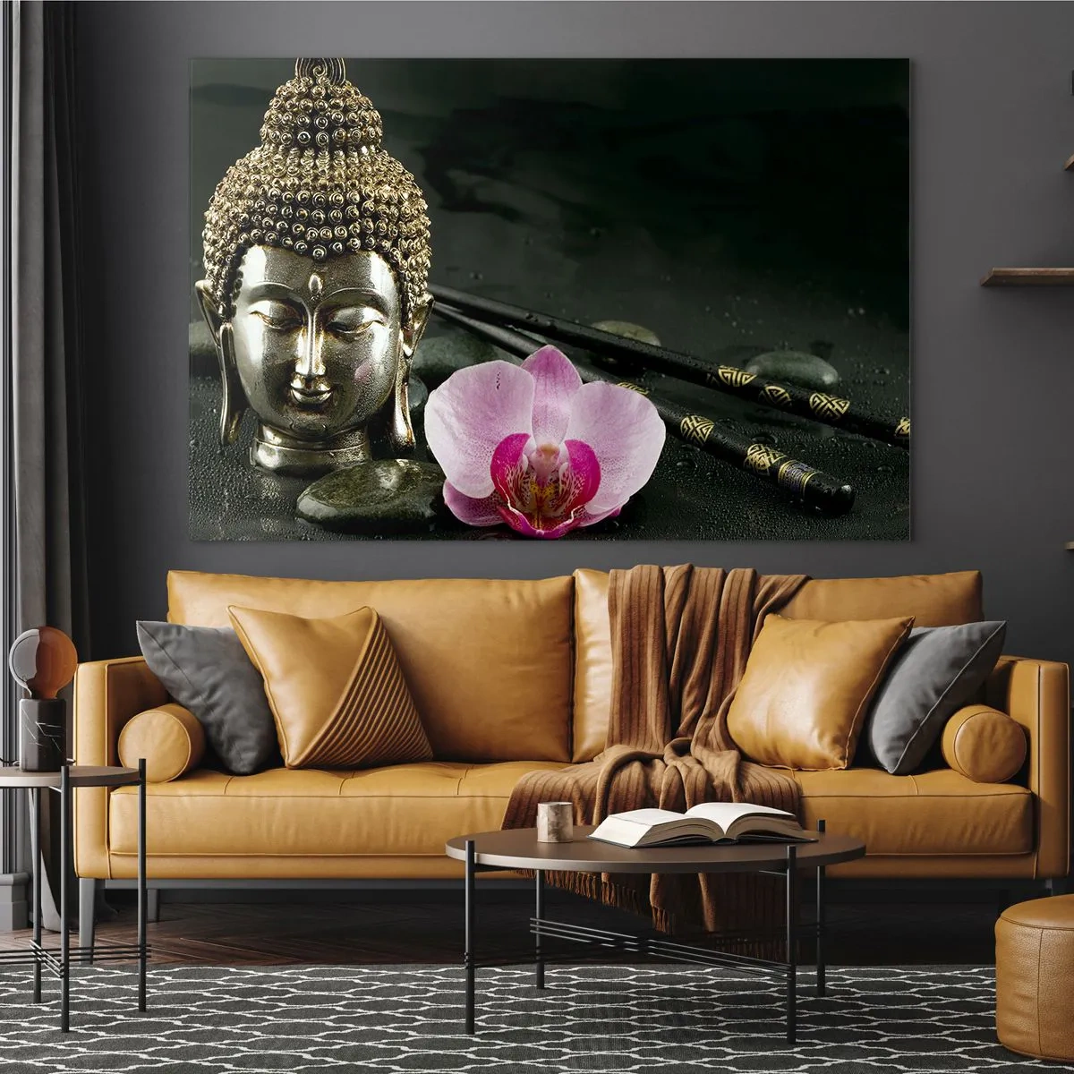 Tablou pe sticlă - Cap budist cu o floare roz pe un fundal de pietre - 70x50cm - Armonie între înțelepciune și frumusețe - Decorațiune modernă pentru perete pentru living și dormitor ARTTOR