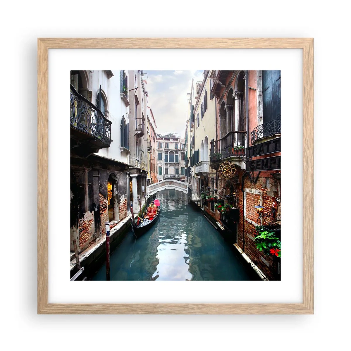 Poster în ramă de stejar deschis - Peisaj venețian cu gondolă și pod - 40x40 cm