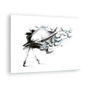 Tablou pe sticlă - Dansator în mișcare cu păsări plutitoare - 70x50cm - Magia muzicii te eliberează - Decorațiune modernă pentru perete pentru living și dormitor ARTTOR
