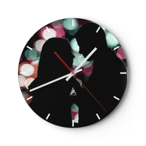 Ceas de perete - Ceas pe sticlă - Siluete de cuplu pe un fundal de lumini bokeh colorate - 30x30cm - Da! - Decorațiune modernă pentru perete pentru living, bucătărie și dormitor ARTTOR