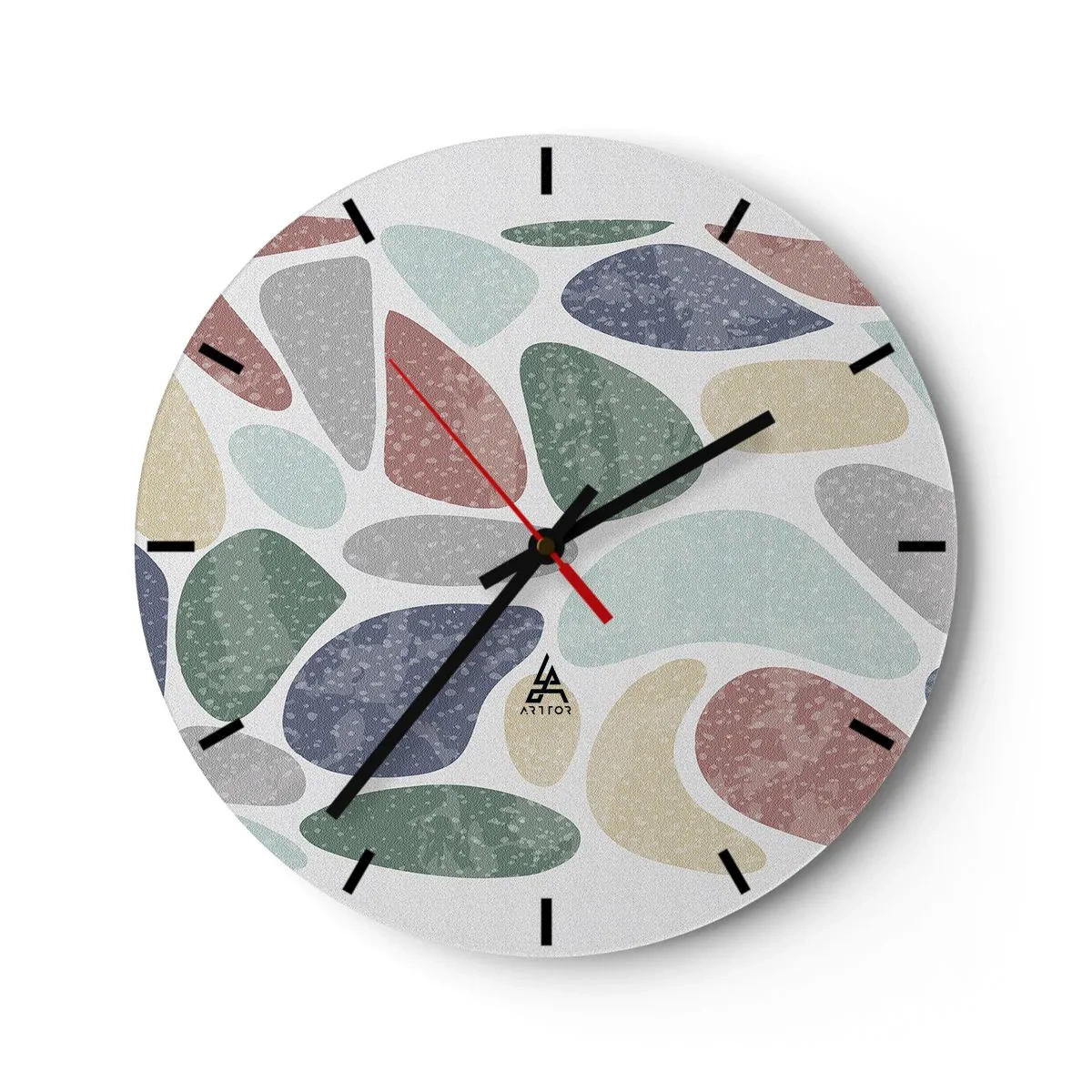 Ceas de perete - Ceas pe sticlă - Forme organice colorate pe un fundal deschis - 30x30cm - Un mozaic de culori pudrate - Decorațiune modernă pentru perete pentru living, bucătărie și dormitor ARTTOR