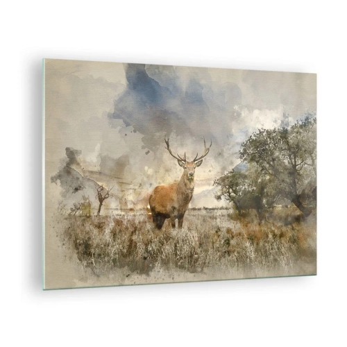 Tablou pe sticlă - Un cerb într-un peisaj natural cu culori subtile în fundal - 70x50cm - Demnitate - putere - măreție - Decorațiune modernă pentru perete pentru living și dormitor ARTTOR