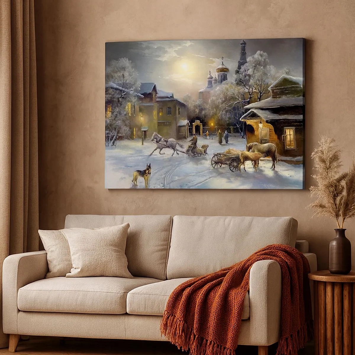 Tablou pe pânză Canvas - Peisaj de iarnă într-un oraș rusesc cu o sanie și o biserică - 70x50cm - Magia unei ierni rusești - Decorațiune modernă pentru perete pentru living și dormitor ARTTOR