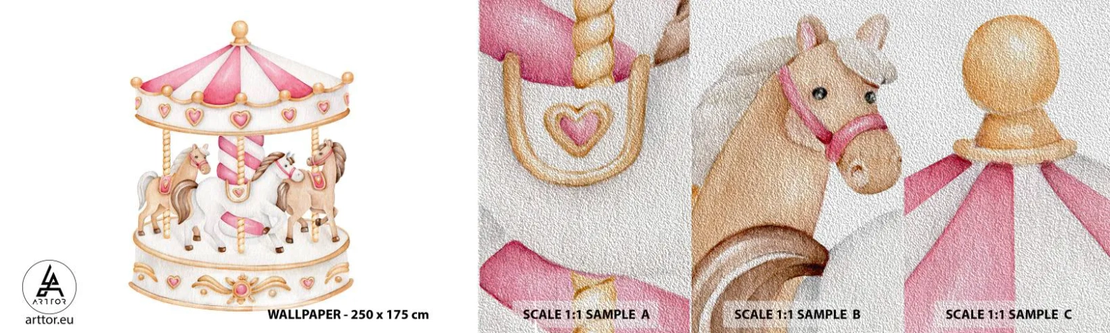 Mostră tapet Premium Sand - Lumea dulce a copilăriei - Carusele, Fetişcană, Cai - 100x30 cm