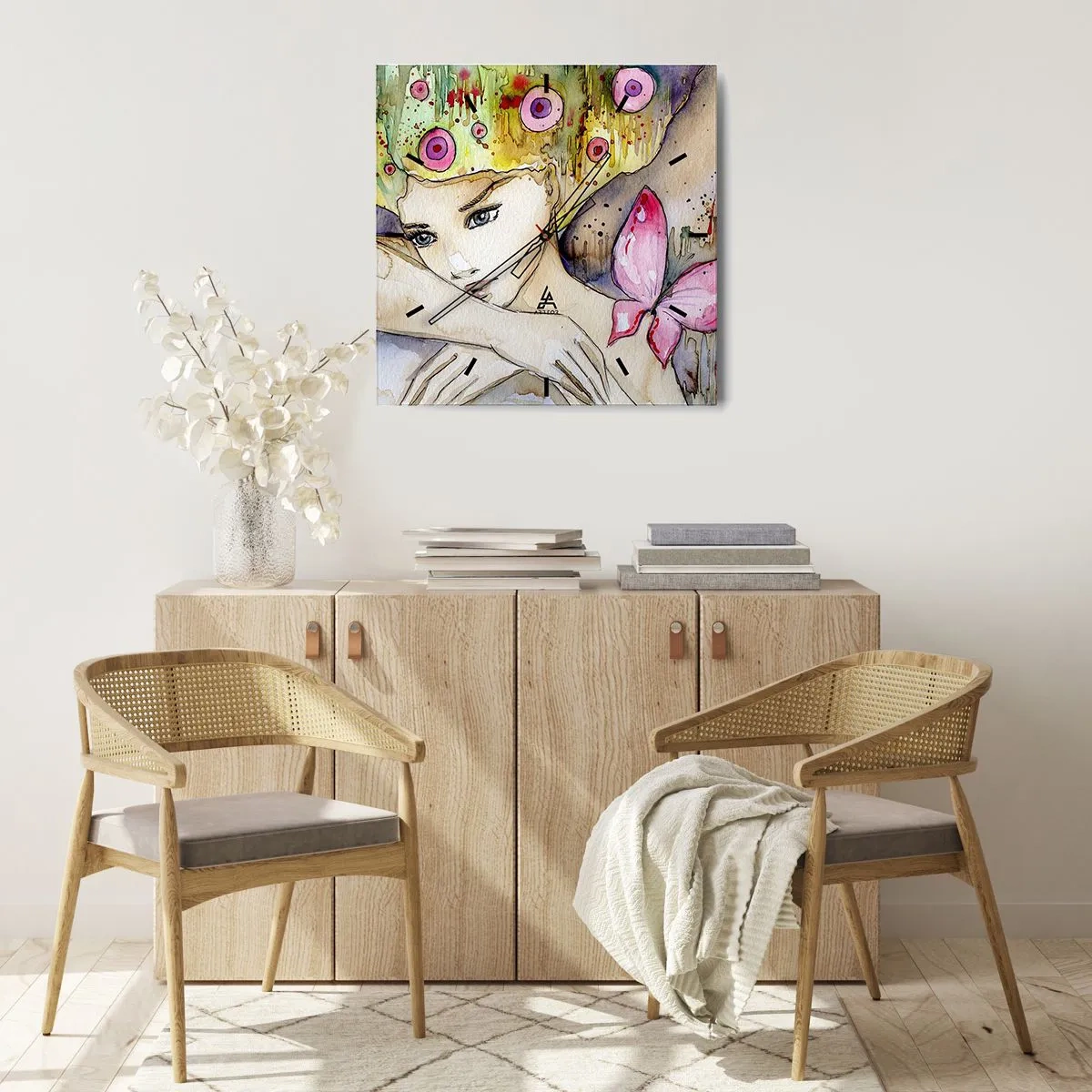 Ceas de perete - Ceas pe sticlă - Prințesa fluture - 40x40 cm