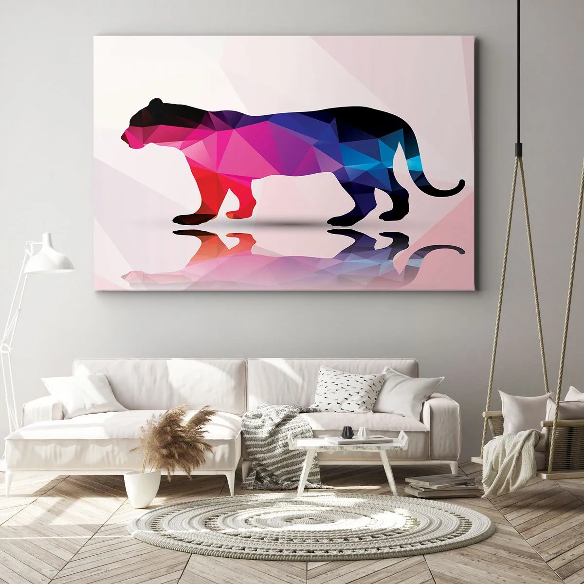Tablou pe pânză Canvas - Siluetă geometrică de panteră în nuanțe de roz și albastru - 70x50cm - Pantera diamantată - Decorațiune modernă pentru perete pentru living și dormitor ARTTOR