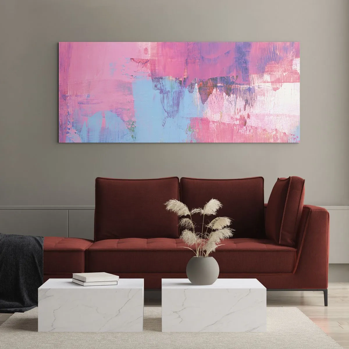 Tablou pe sticlă - Roz, albastru și un strop de lumină - 100x40 cm