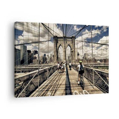 Tablou pe pânză Canvas - Podul Brooklyn cu vedere spre pietoni și bicicliști - 70x50cm - Chiar în inima orașului - Decorațiune modernă pentru perete pentru living și dormitor ARTTOR