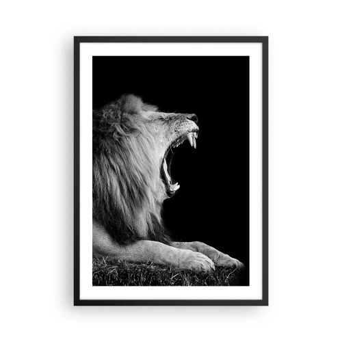 Poster în ramă neagră - Un leu care răcnește în monocrom - 50x70cm - Fără nici o ezitare - Decorațiune modernă pentru perete pentru living și dormitor ARTTOR