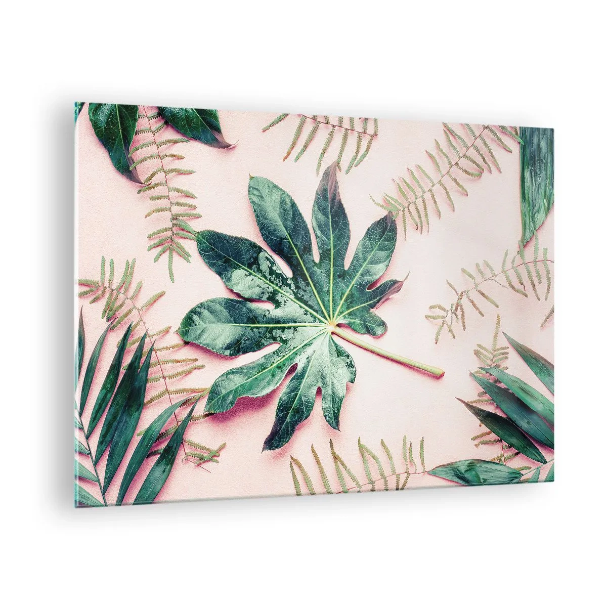 Tablou pe sticlă - Frunze tropicale pe un fundal pastel - 70x50cm - Studiu de verdeață pe un fundal roz - Decorațiune modernă pentru perete pentru living și dormitor ARTTOR