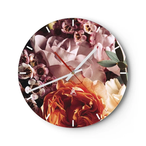 Ceas de perete - Ceas pe sticlă - Prim-plan al unui aranjament floral cu trandafiri și frunze - 30x30cm - Înghesuite în frumusețe - Decorațiune modernă pentru perete pentru living, bucătărie și dormitor ARTTOR