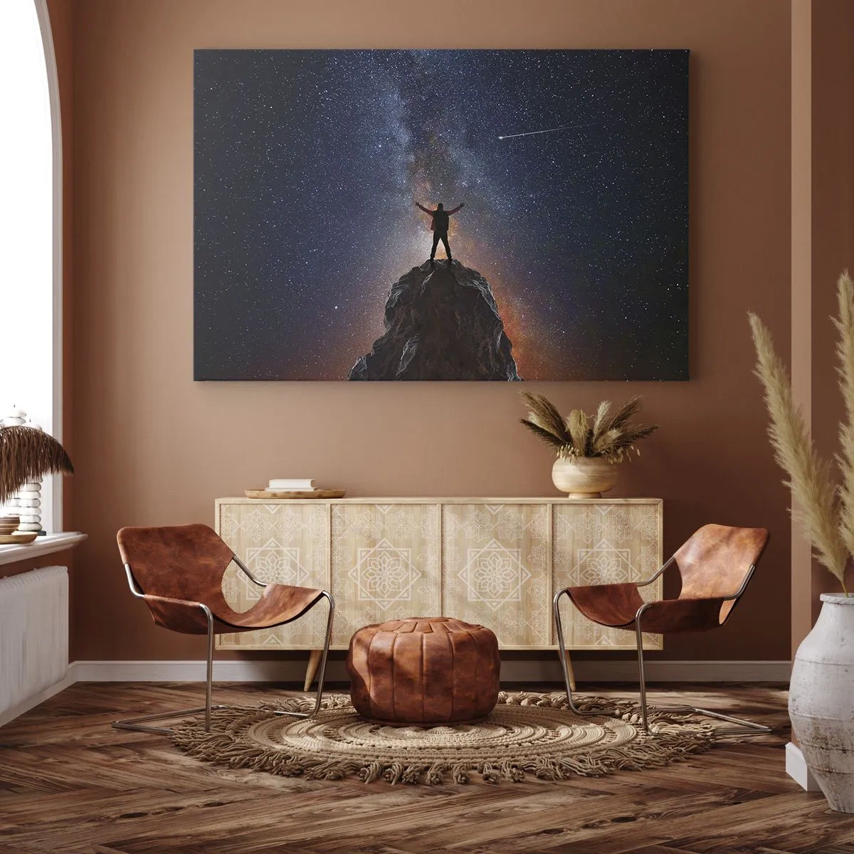 Tablou pe pânză Canvas - O figură pe vârful unui munte sub un cer înstelat - 70x50cm - Puterea este cu mine! - Decorațiune modernă pentru perete pentru living și dormitor ARTTOR