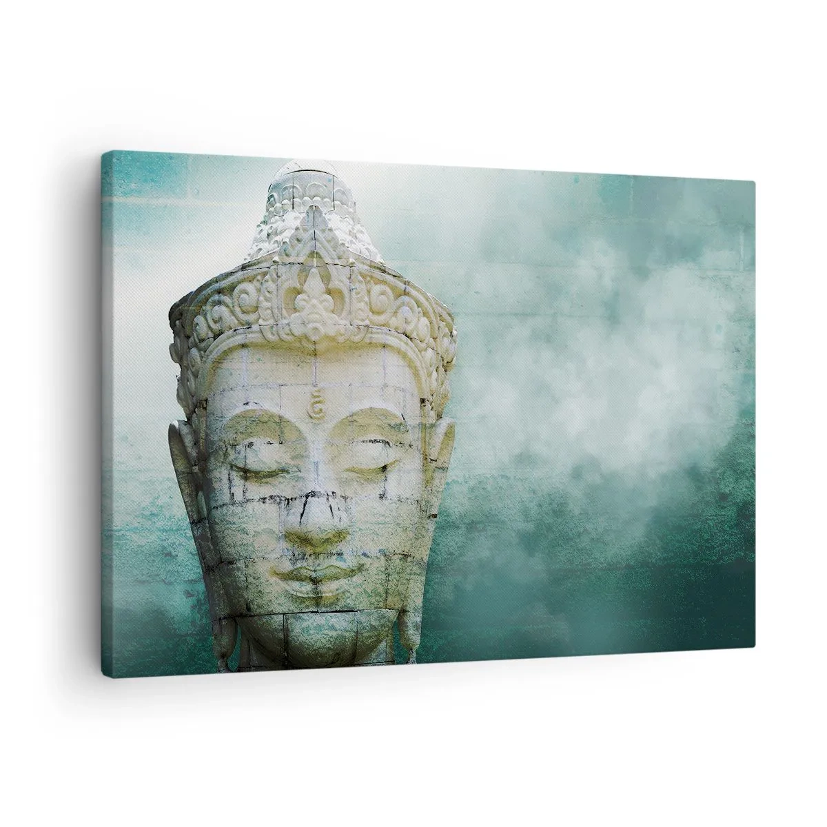 Tablou pe pânză Canvas - Statuie de Buddha cu o ceață blândă pe un fundal verde - 70x50cm - Căutând iluminarea - Decorațiune modernă pentru perete pentru living și dormitor ARTTOR