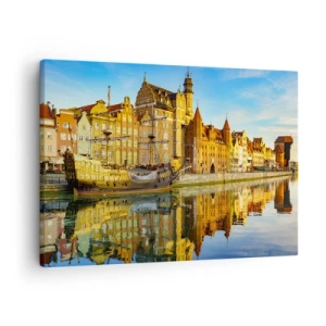 Tablou pe pânză Canvas - O vedere pitorească a orașului vechi cu o corabie cu pânze și apă - 70x50cm - Trecutul în oglindă - Decorațiune modernă pentru perete pentru living și dormitor ARTTOR