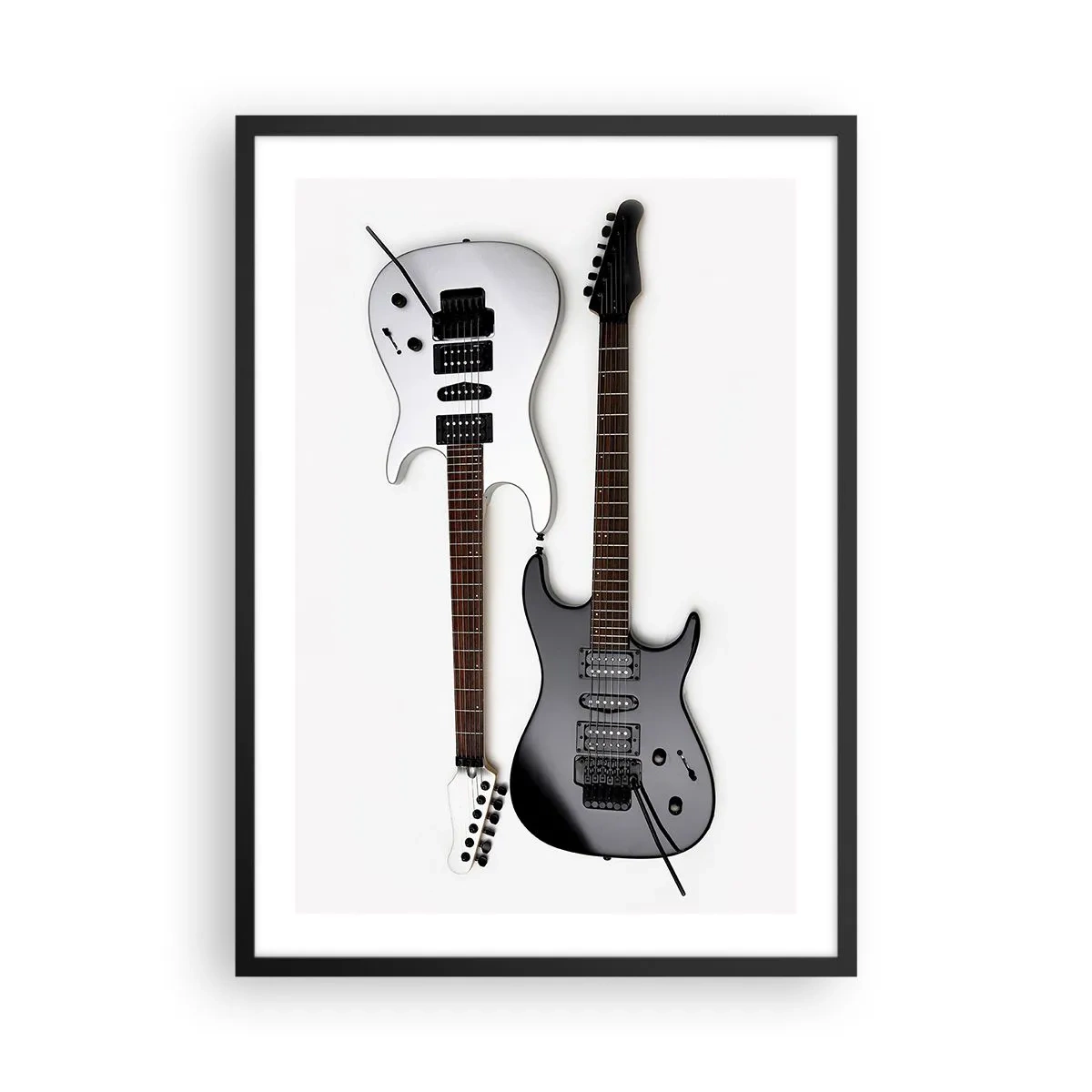 Poster în ramă neagră - Chitare electrice moderne pe fundal alb - 50x70cm - Armonie de forme - Decorațiune modernă pentru perete pentru living și dormitor ARTTOR