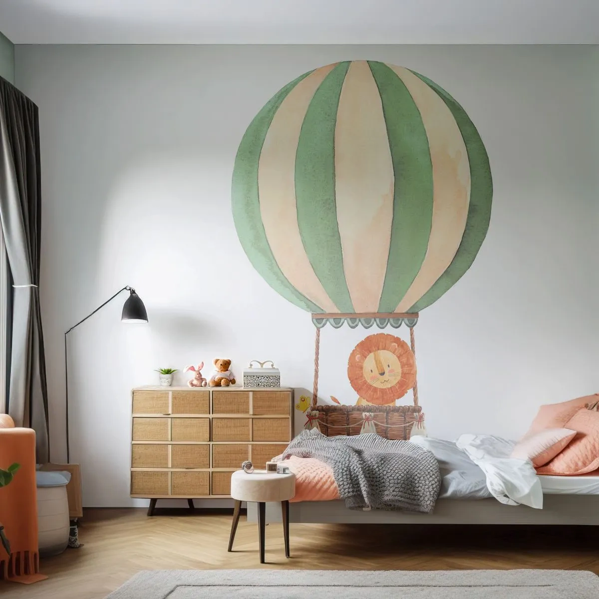 Tapet Standard Eco - Un leu drăguț într-un balon pe un fundal alb - 100x70cm - Călătoriile lui Leon - Decorațiune modernă pentru perete pentru living și dormitor ARTTOR