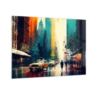 Tablou pe sticlă - Taxiuri colorate și zgârie-nori pe o stradă udă a orașului - 70x50cm - New York - aici și ploaia este colorată - Decorațiune modernă pentru perete pentru living și dormitor ARTTOR