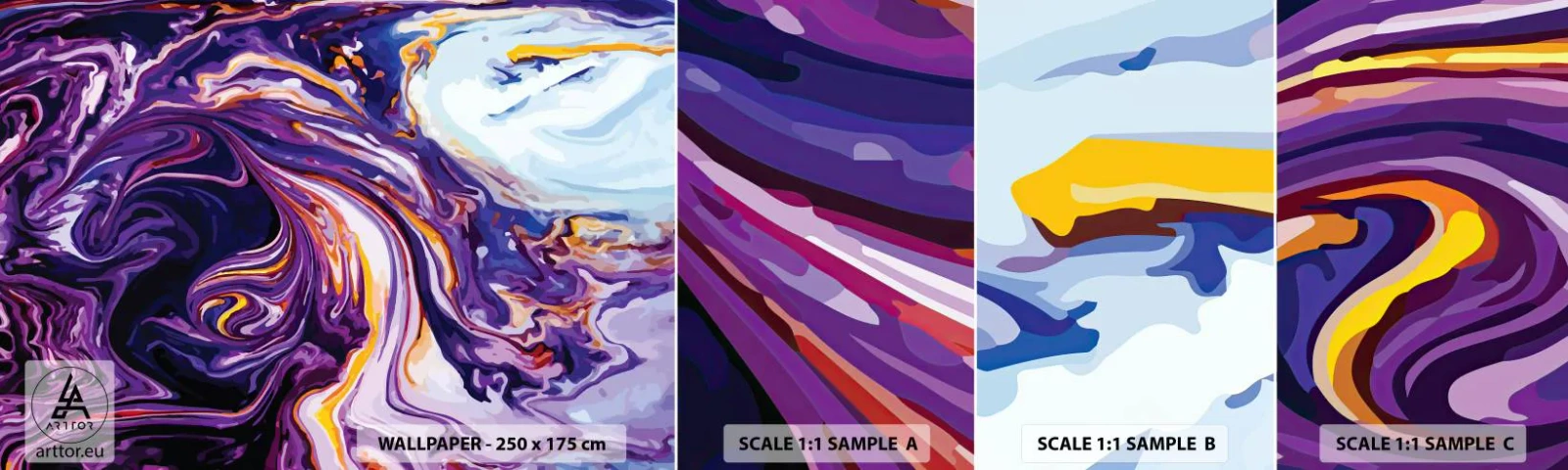 Mostră tapet autocolant Deluxe Sticker - Îndoirea spațiului în mov - Abstracția, Bucată, Model modern - 100x30 cm