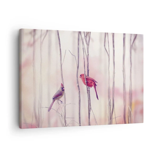 Tablou pe pânză Canvas - O pereche de cardinali cocoțați pe ramuri într-un peisaj pastelat - 70x50cm - O poveste din Pădurea Roz - Decorațiune modernă pentru perete pentru living și dormitor ARTTOR