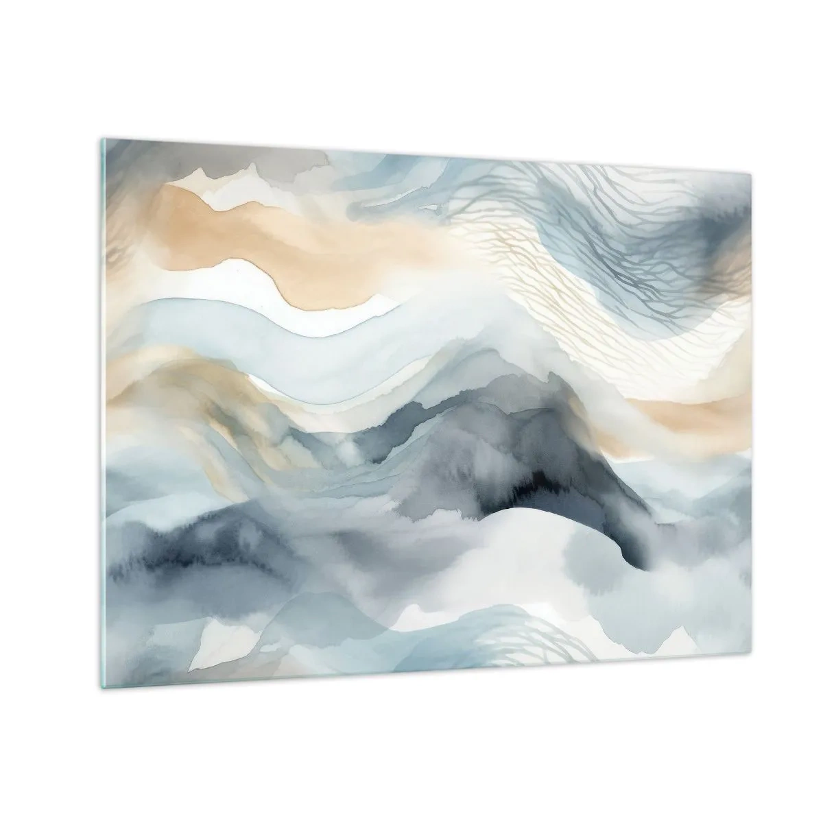Tablou pe sticlă - Valuri abstracte în nuanțe de bej și albastru - 70x50cm - Abstracție de zăpadă și ceață - Decorațiune modernă pentru perete pentru living și dormitor ARTTOR
