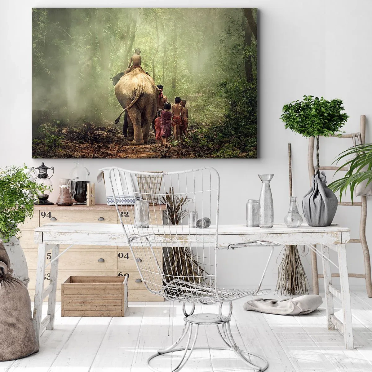 Tablou pe pânză Canvas - Copii cu un elefant într-o pădure verde în lumina dimineții - 70x50cm - Noua Carte a Junglei - Decorațiune modernă pentru perete pentru living și dormitor ARTTOR