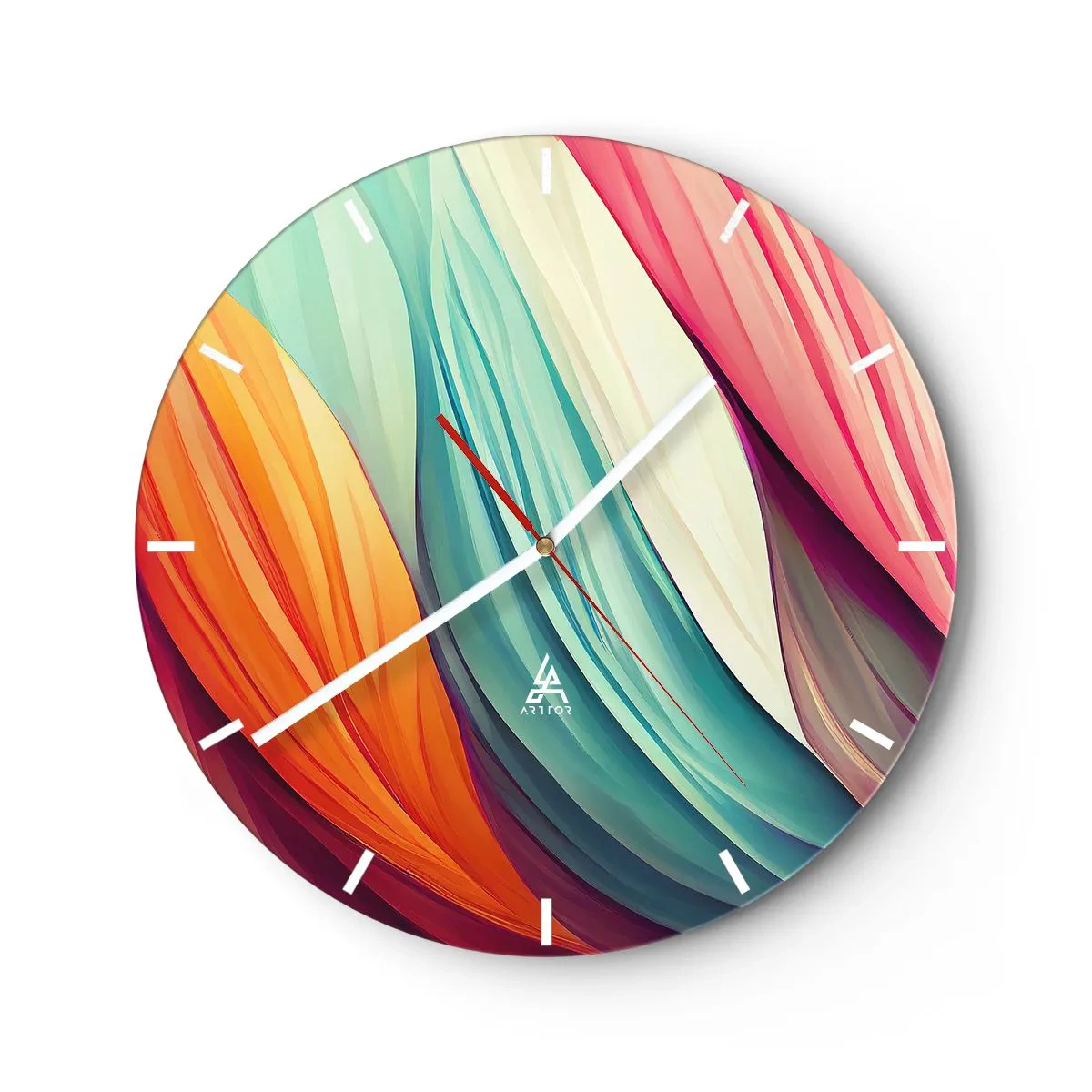Ceas de perete - Ceas pe sticlă - Valuri colorate în nuanțe de portocaliu, mentă și roz - 30x30cm - Țesătură de curcubeu - Decorațiune modernă pentru perete pentru living, bucătărie și dormitor ARTTOR