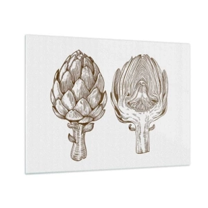 Tablou pe sticlă - Desen botanic al unei anghinare în întregime și în secțiune transversală - 70x50cm - Lecție de anatomie - Decorațiune modernă pentru perete pentru living și dormitor ARTTOR