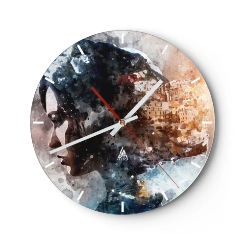Ceas de perete - Ceas pe sticlă - Portret abstract cu efect de acuarelă - 30x30cm - Povestea unei fete cu un oraș în fundal - Decorațiune modernă pentru perete pentru living, bucătărie și dormitor ARTTOR