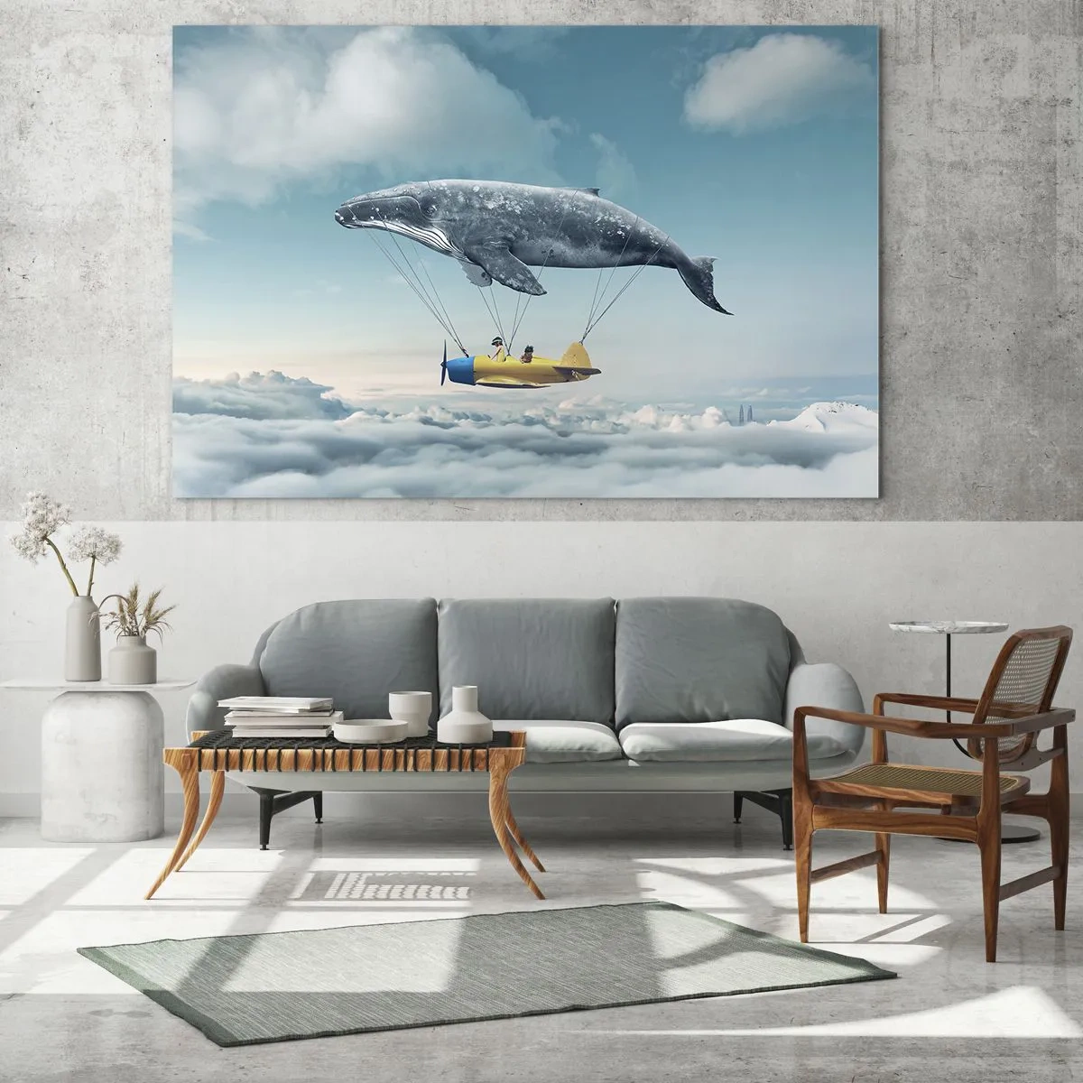 Tablou pe sticlă - O balenă ridică un avion deasupra norilor într-un decor suprarealist. - 70x50cm - De ce nu? - Decorațiune modernă pentru perete pentru living și dormitor ARTTOR