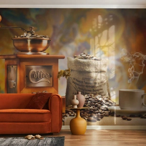 Tapet Standard Eco - O râșniță de cafea, un plic de boabe și o ceașcă de cafea aburindă - 100x70cm - Zdrăngănitul boabelor, zgomotul morii - Decorațiune modernă pentru perete pentru living și dormitor ARTTOR