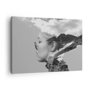 Tablou pe pânză Canvas - O compoziție alb-negru cu silueta unei femei și un peisaj montan. - 70x50cm - Portret în nori - Decorațiune modernă pentru perete pentru living și dormitor ARTTOR
