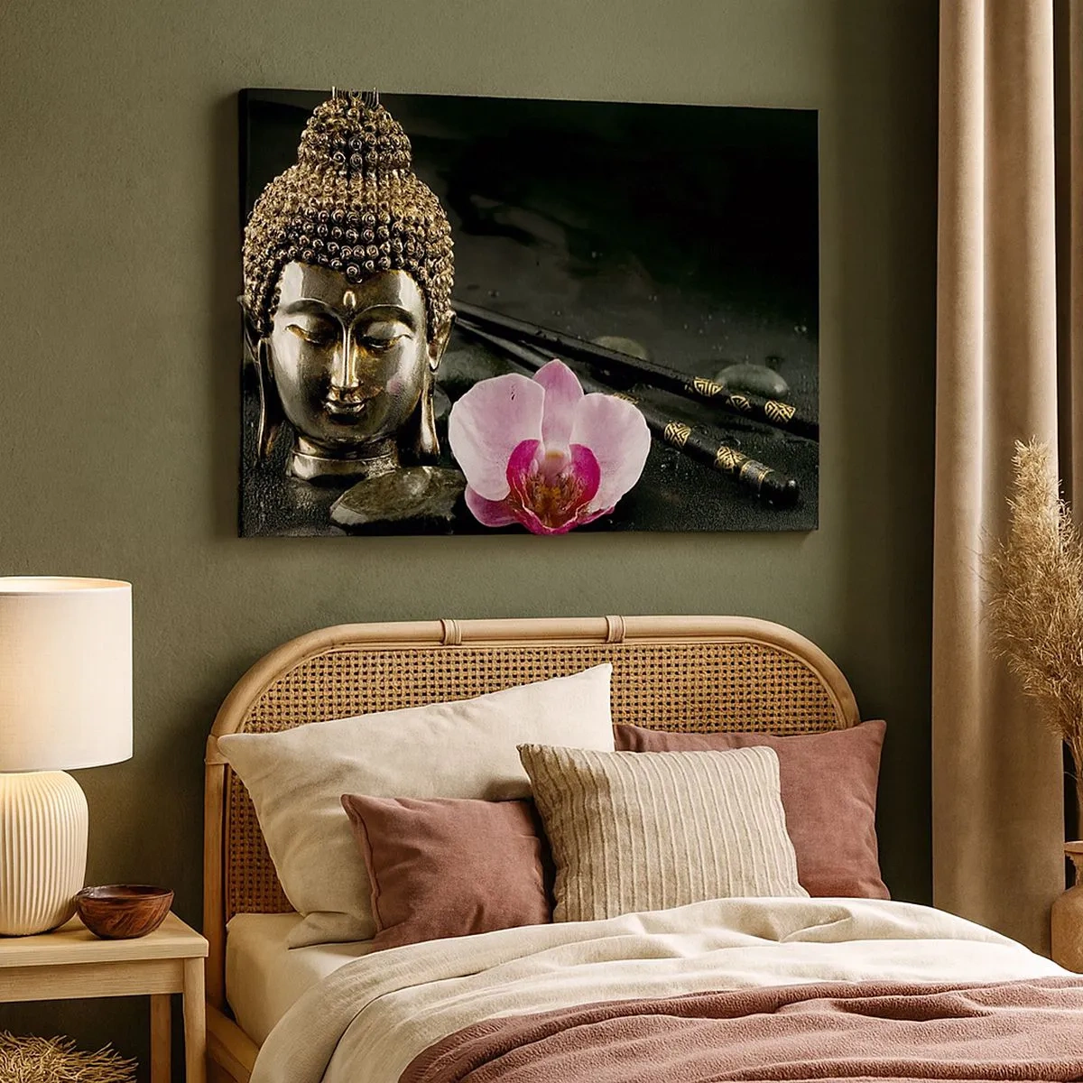Tablou pe pânză Canvas - O statuetă a lui Buddha cu o orhidee și bețișoare pe un fundal de pietre - 70x50cm - Armonie între înțelepciune și frumusețe - Decorațiune modernă pentru perete pentru living și dormitor ARTTOR